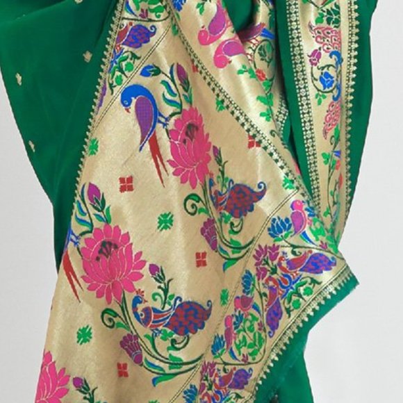 JHEAPS LEAF GREEN SOFT SILK PAITHANI FESTIVE WEAR FLORAL SAREE - Picture 3 of 4